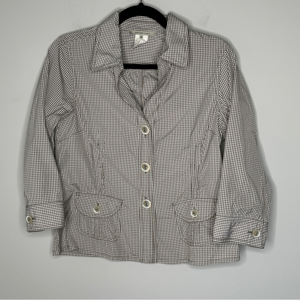 Gerald Darel plaid button front‎ shirt jacket Size 36/S Beige White 3/4 sleeves